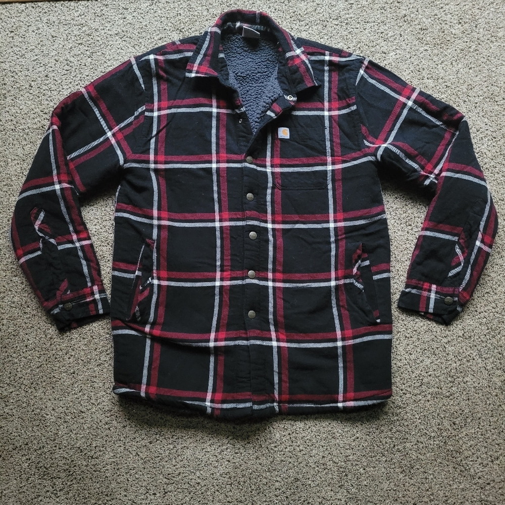 Carhartt Kids Coat XL 18/20 Plaid Sherpa Chore Barn Work Red Black Pockets Warm